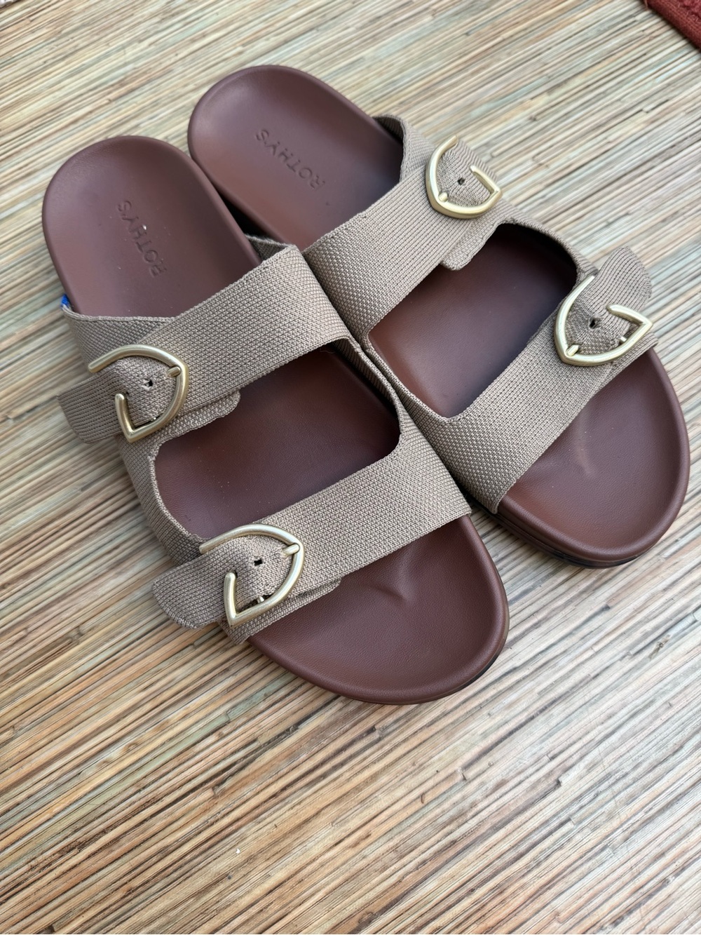 Rothy's Beige Dual-Buckle Slide Sandals with Gold Buckles - Picture 2 of 4